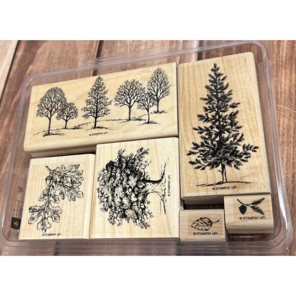 Stampin Up! Lovely As A Tree Wood-Mounted Rubber Stamp Set OF 6 LEAF ACORN PINE - Picture 1 of 5